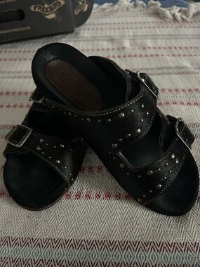 freebird Black Studded Double Buckle Slide Sandals